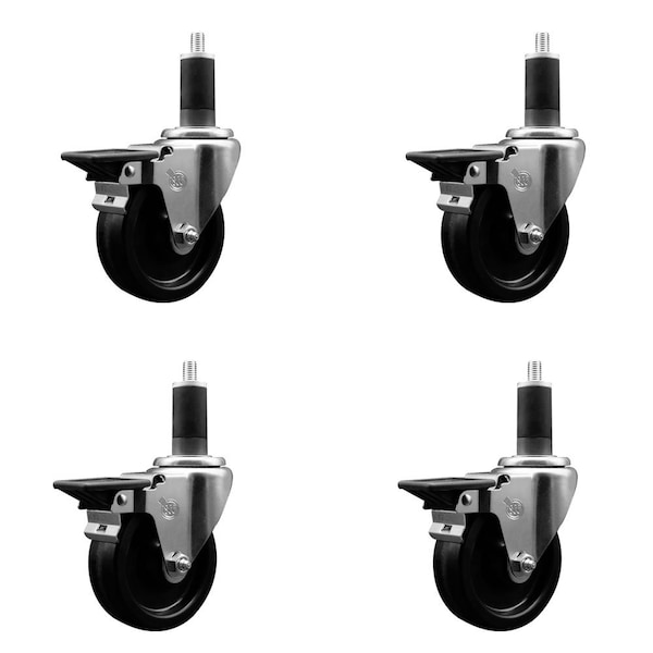 4'' Phenolic Swivel 1-1/4'' Expanding Stem Caster Set with Brake, 4PK
